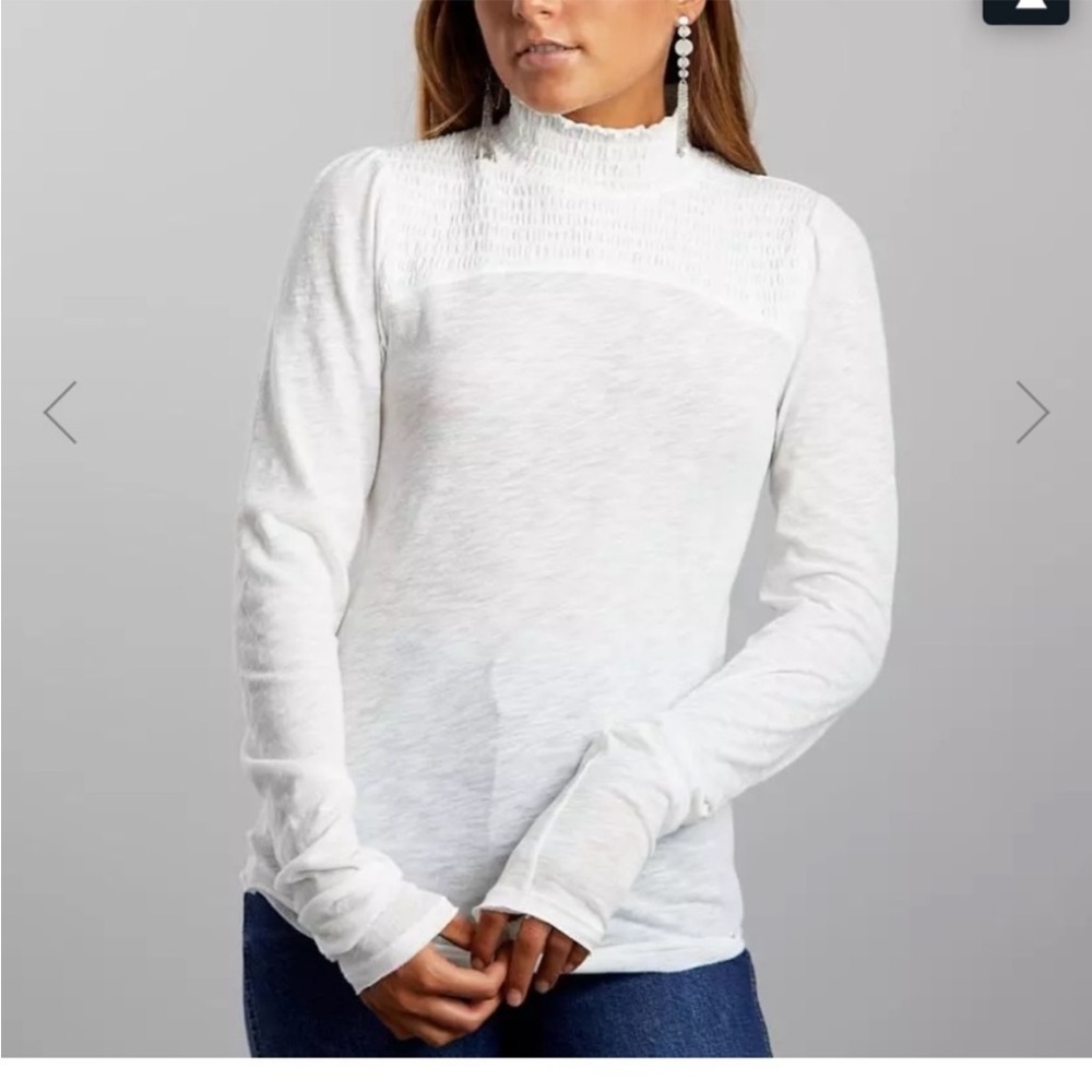 NWT Free People Caroline White Smocked High Neck Long Sleeve Top